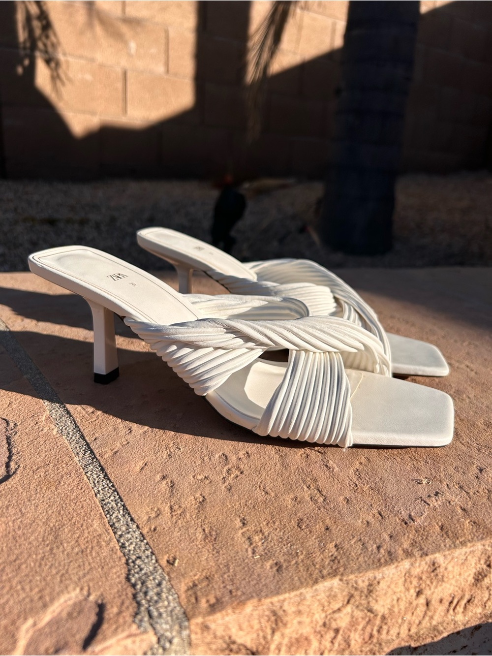 Zara Cream Twisted-Strap Square-Toe Heeled Mules